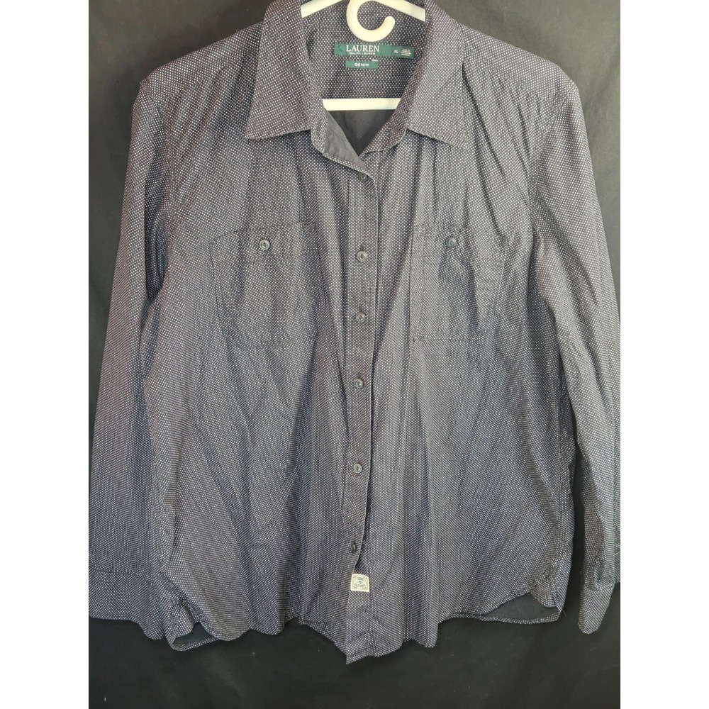 Lauren Ralph Lauren Denim Shirt Womens XL Black White Polka Dot Button Up Cotton